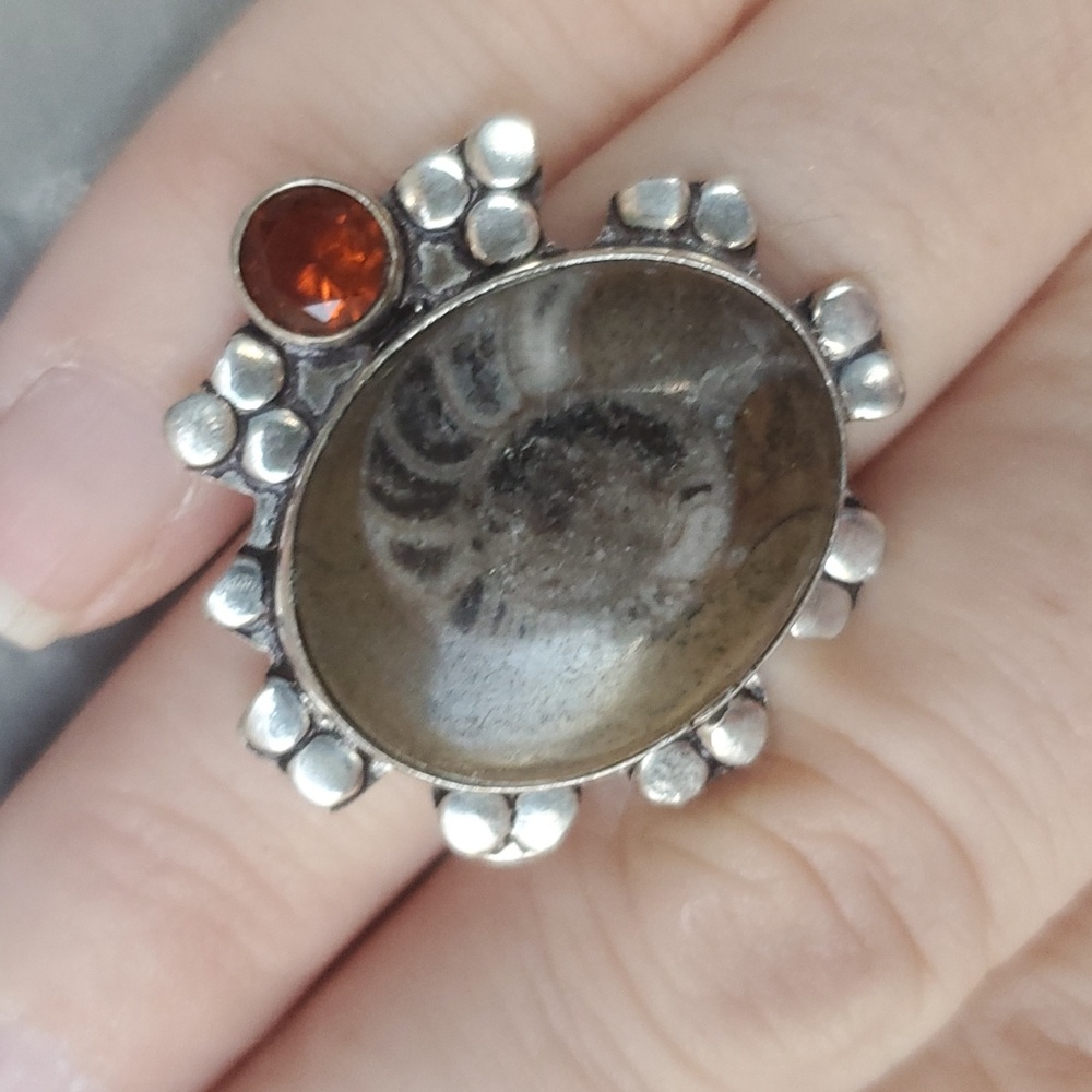 New Ammonite Fossil and Garnet 925 Silver Ring.